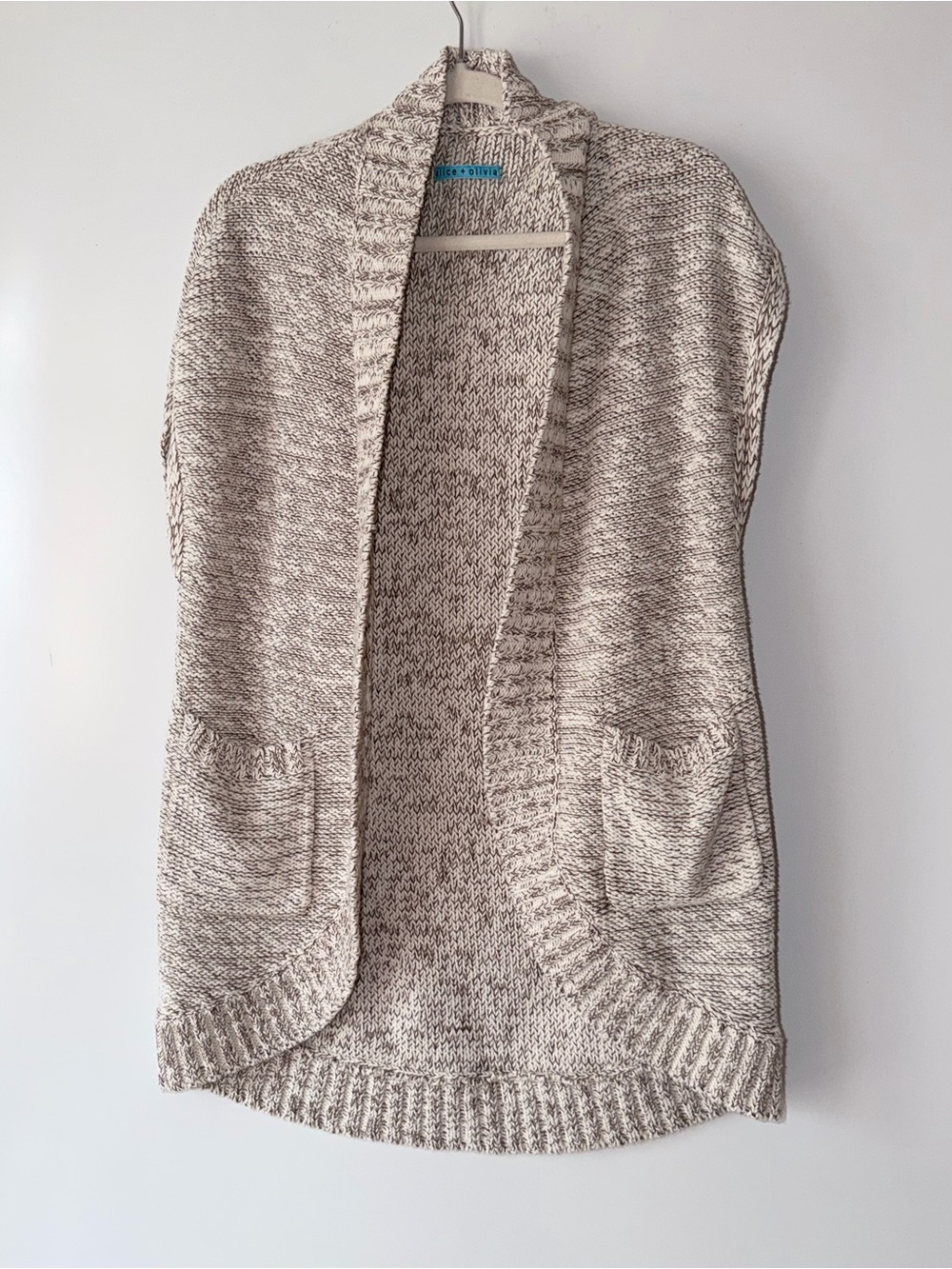 Alice + Olivia Marled Open-Front Knit Vest in Beige and Cream